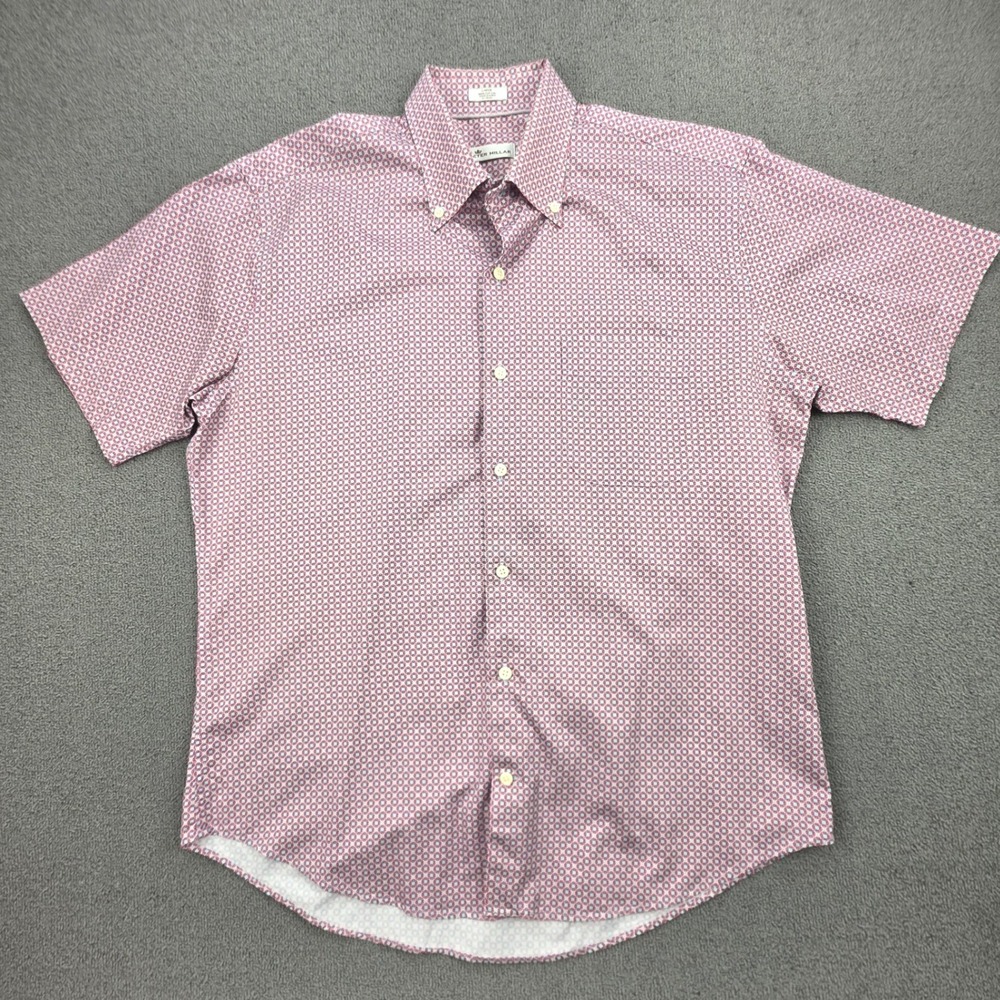 Peter Millar Geometric Tile Short‎ Sleeve Shirt Mens Red Blue Button Down L